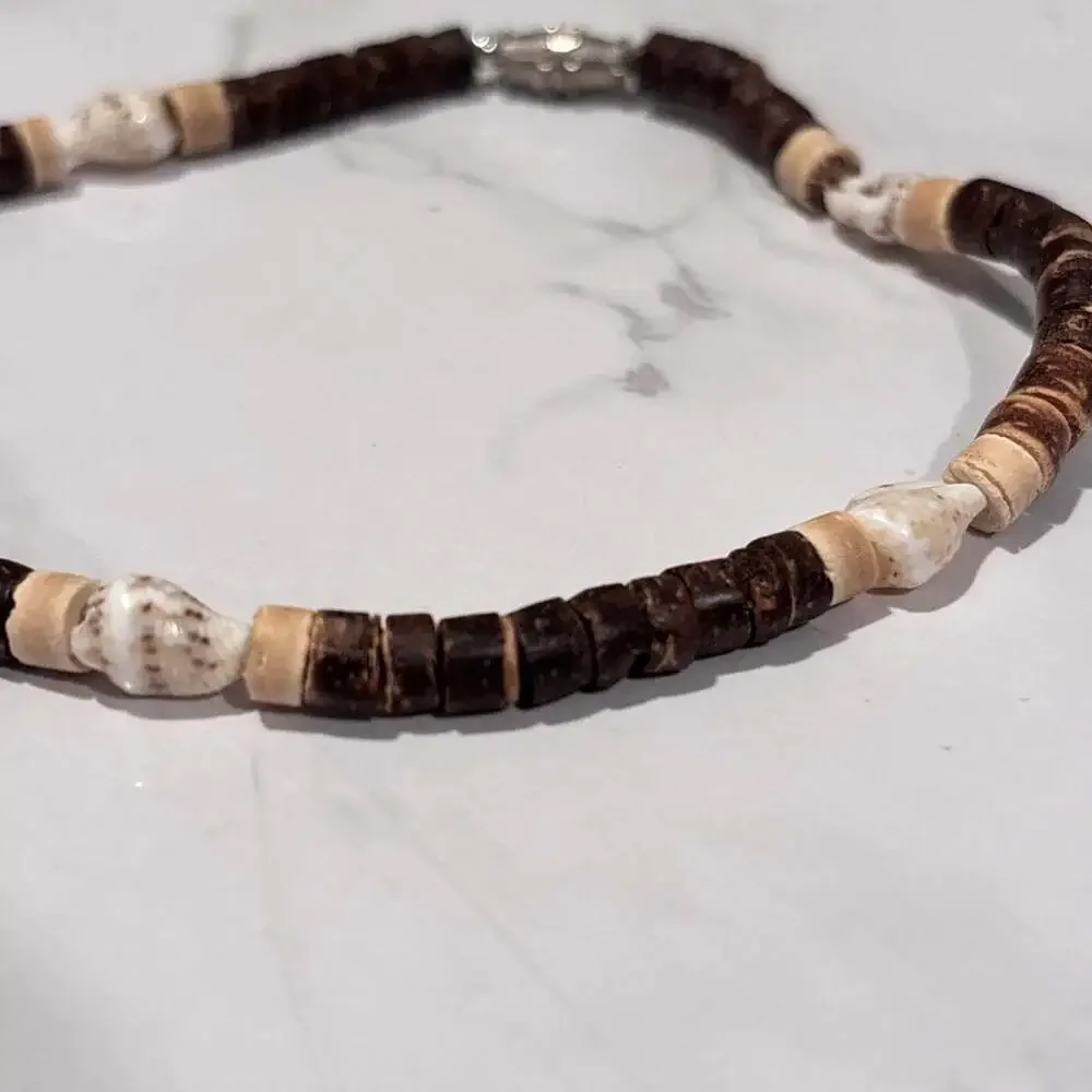 Unisex Surfer Style Brown Coconut Shell and Sea Shell Beaded Choker Necklace